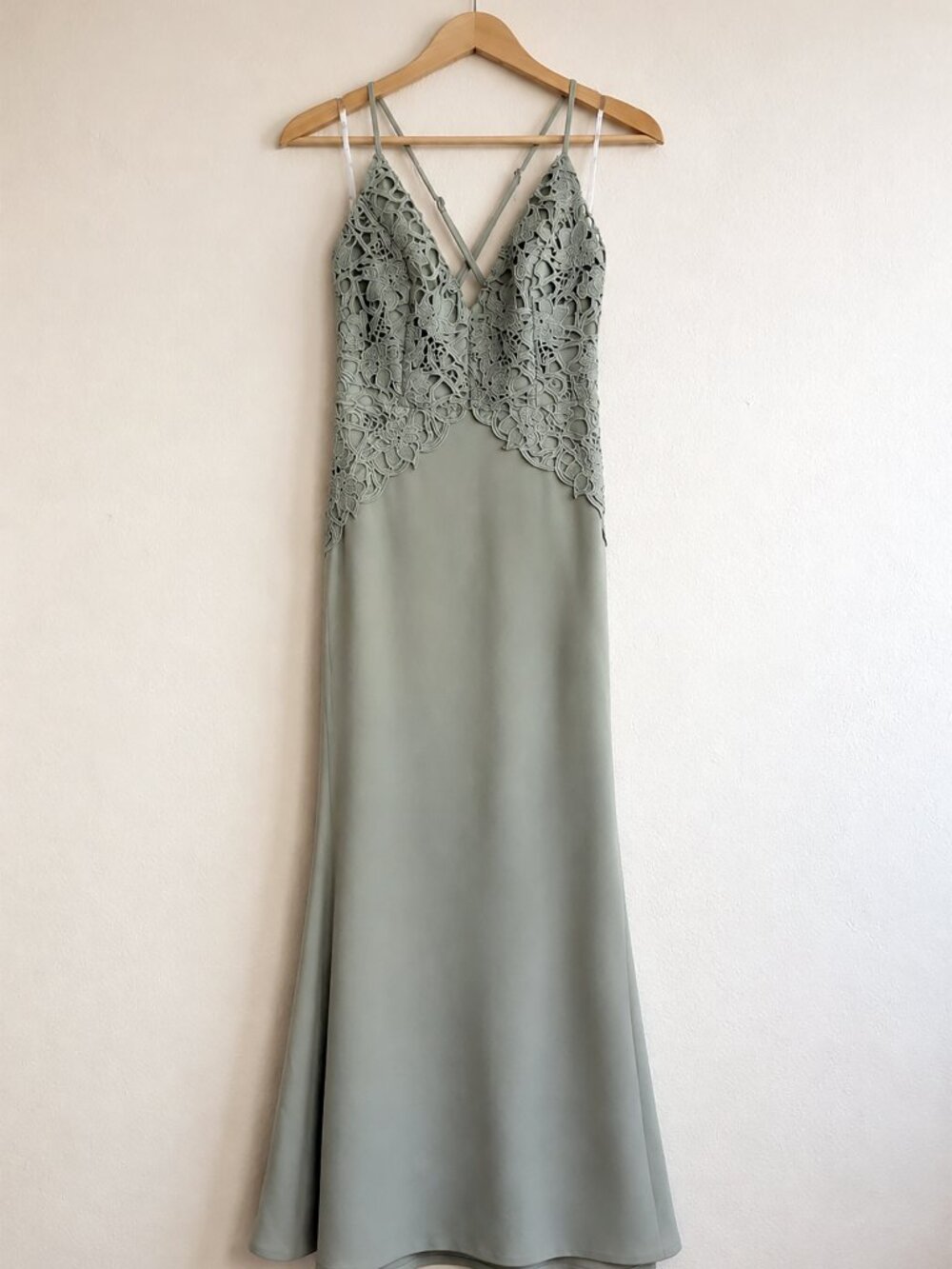 Sage Green Lace Maxi Dress Size L Formal Evening Gown Wedding Guest Bridesmaid - Picture 2 of 16